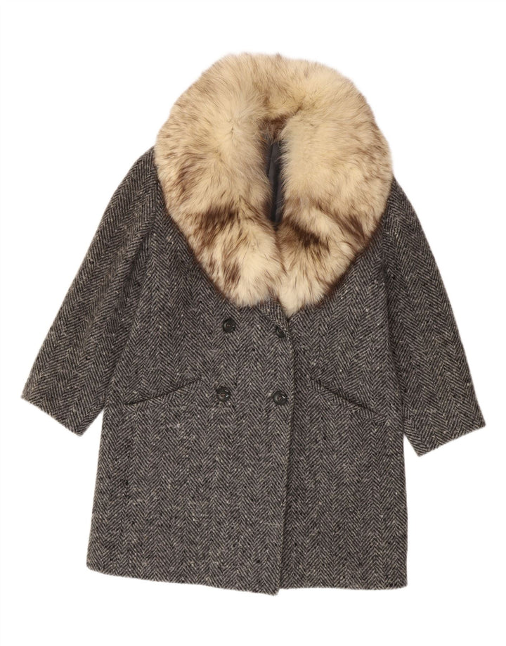 Vintage Womens Double Breasted Coat IT 47 Large Grey Herringbone