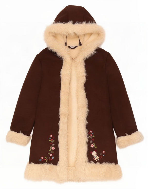 Disneyland Paris Girls Hooded Sherpa Overcoat 9-10 Years Brown Floral