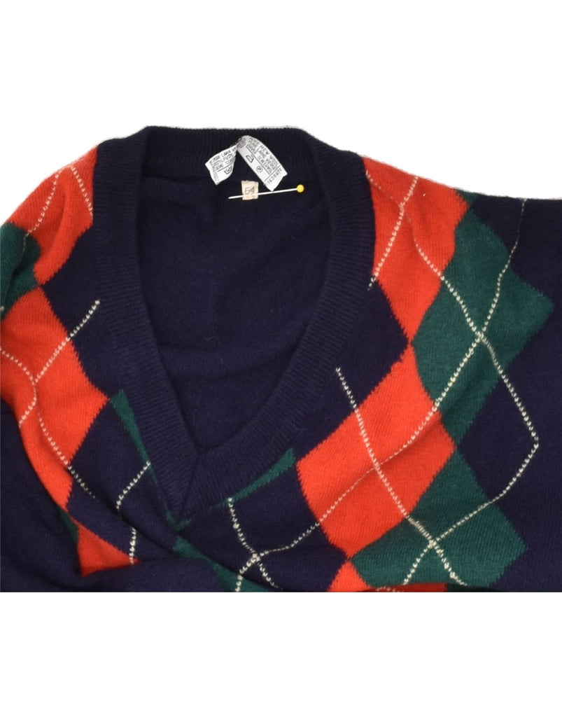 VINTAGE Mens V-Neck Jumper Sweater IT 54 XL Navy Blue Argyle/Diamond Wool | Vintage Vintage | Thrift | Second-Hand Vintage | Used Clothing | Messina Hembry 