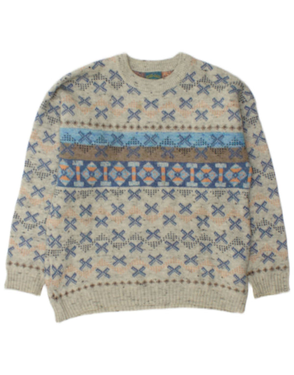 Vintage Mens Boat Neck Jumper Sweater Medium Grey Geometric Wool