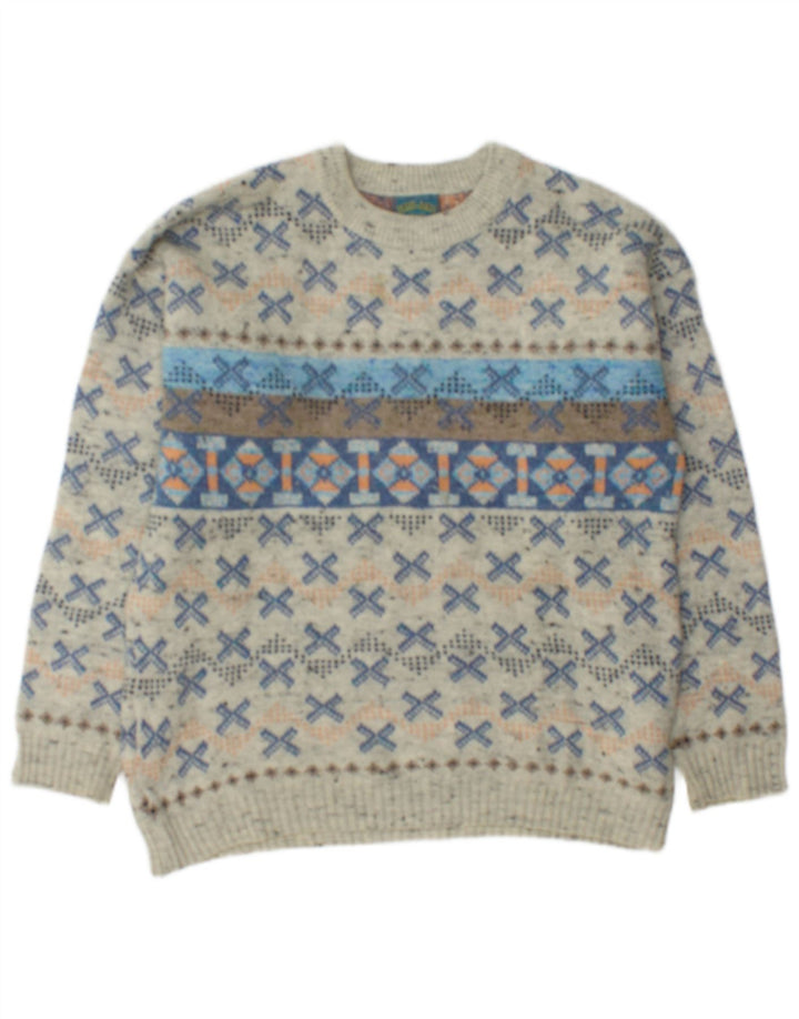 Vintage Mens Boat Neck Jumper Sweater Medium Grey Geometric Wool