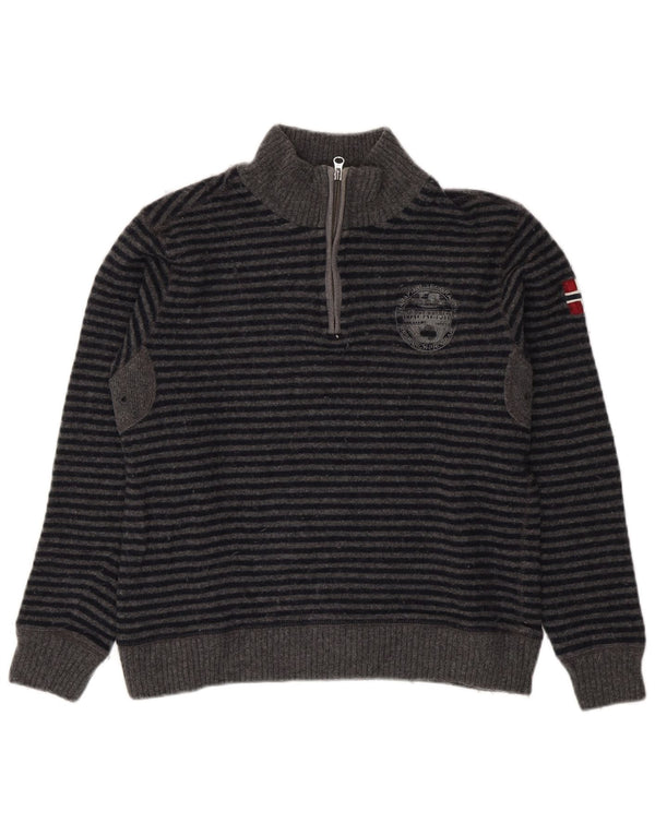 Napapijri Womens Zip Neck Jumper Sweater UK 16 Large Grey Striped Wool