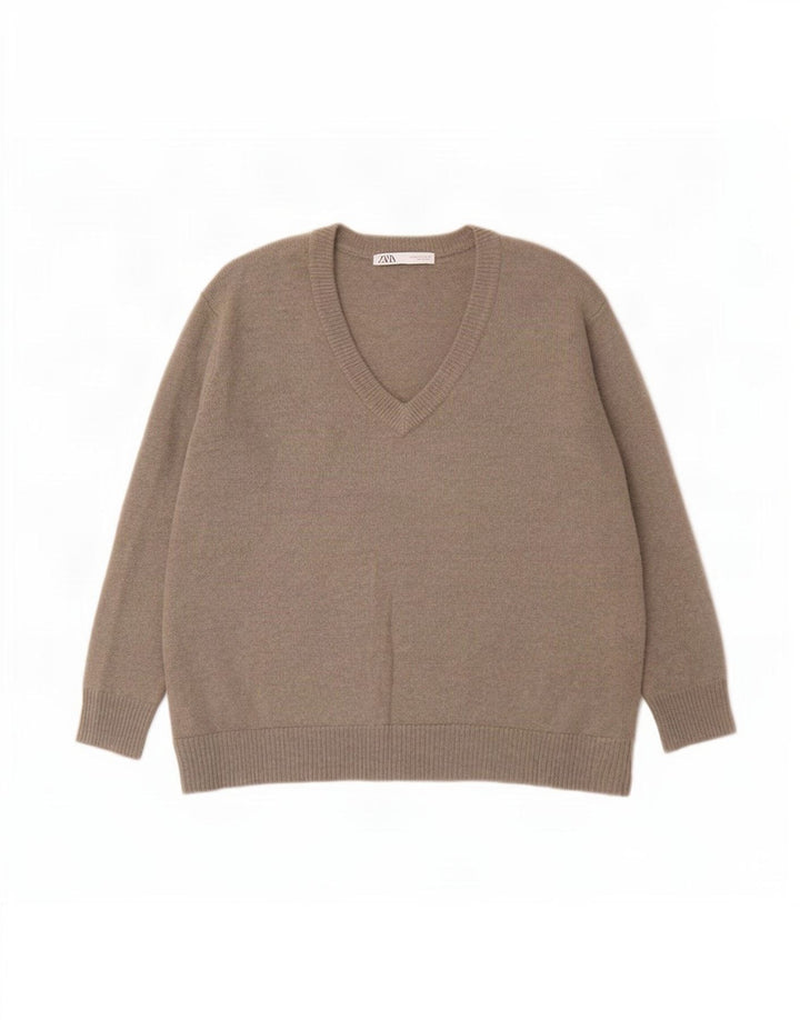 Zara Womens Oversized V-Neck Jumper Sweater UK 14 Medium Khaki Cashmere