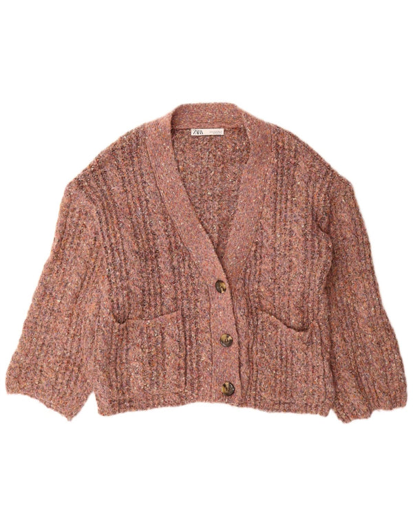 Zara Womens Oversized Cardigan Sweater UK 14 Medium Pink Flecked Polyester