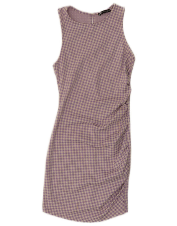 Zara Womens Sleeveless Bodycon Dress UK 8 Small Purple Check Cotton