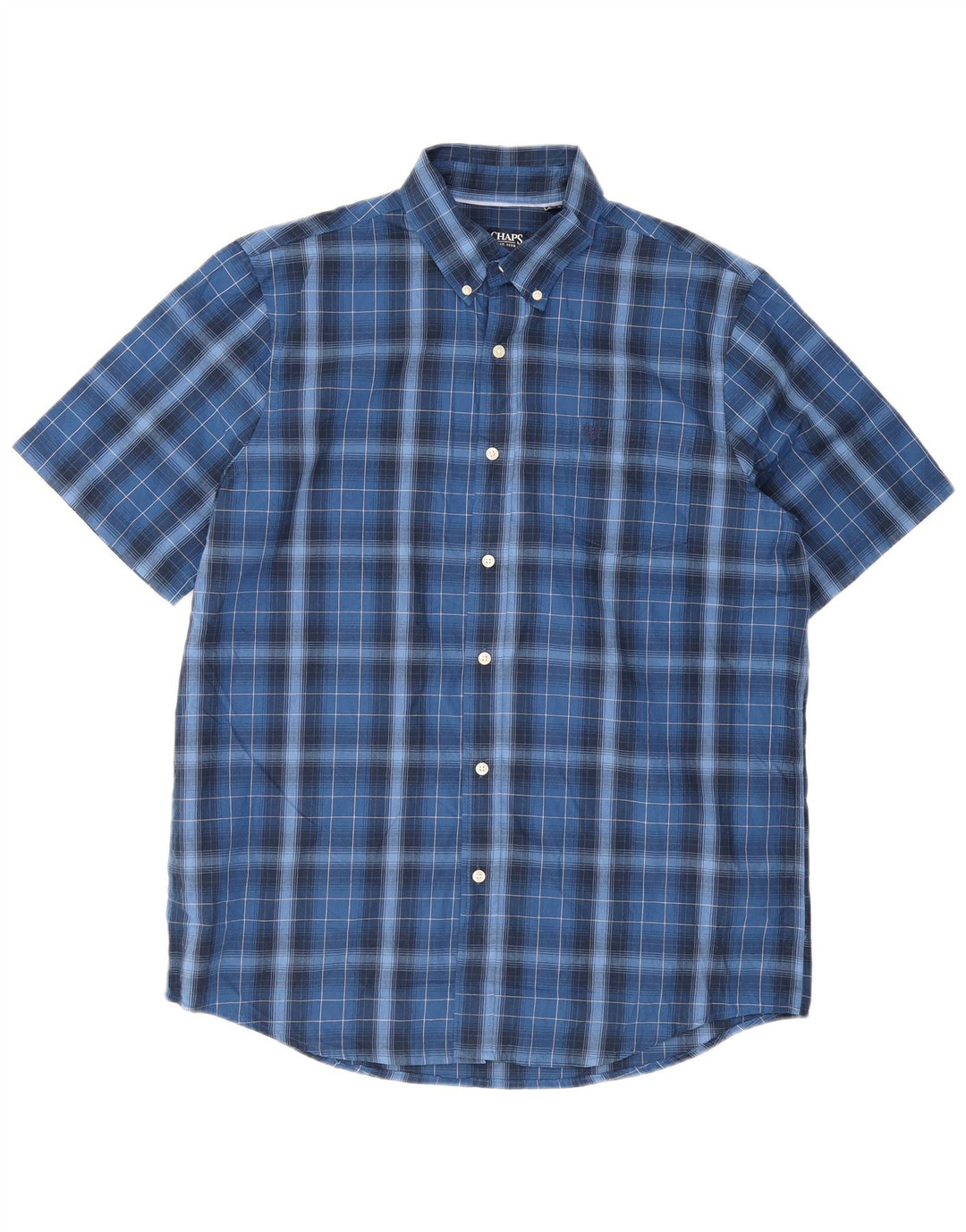 Chaps Mens Short Sleeve Shirt Large Navy Blue Check Cotton