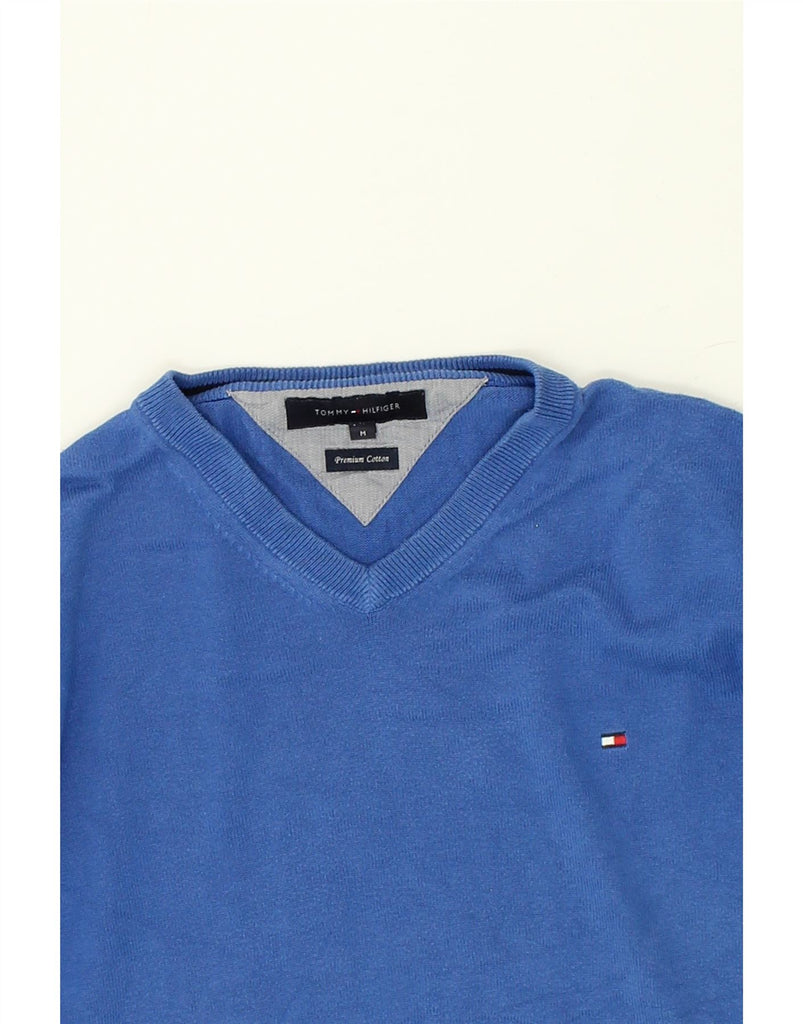 TOMMY HILFIGER Mens V-Neck Jumper Sweater Medium Blue Cotton | Vintage Tommy Hilfiger | Thrift | Second-Hand Tommy Hilfiger | Used Clothing | Messina Hembry 