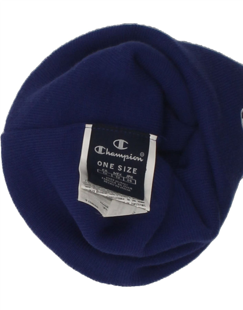 CHAMPION Mens Graphic Beanie Hat One Size Blue Acrylic | Vintage Champion | Thrift | Second-Hand Champion | Used Clothing | Messina Hembry 