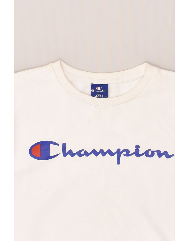 CHAMPION Mens Graphic Sweatshirt Jumper Large White Cotton | Vintage Champion | Thrift | Second-Hand Champion | Used Clothing | Messina Hembry 