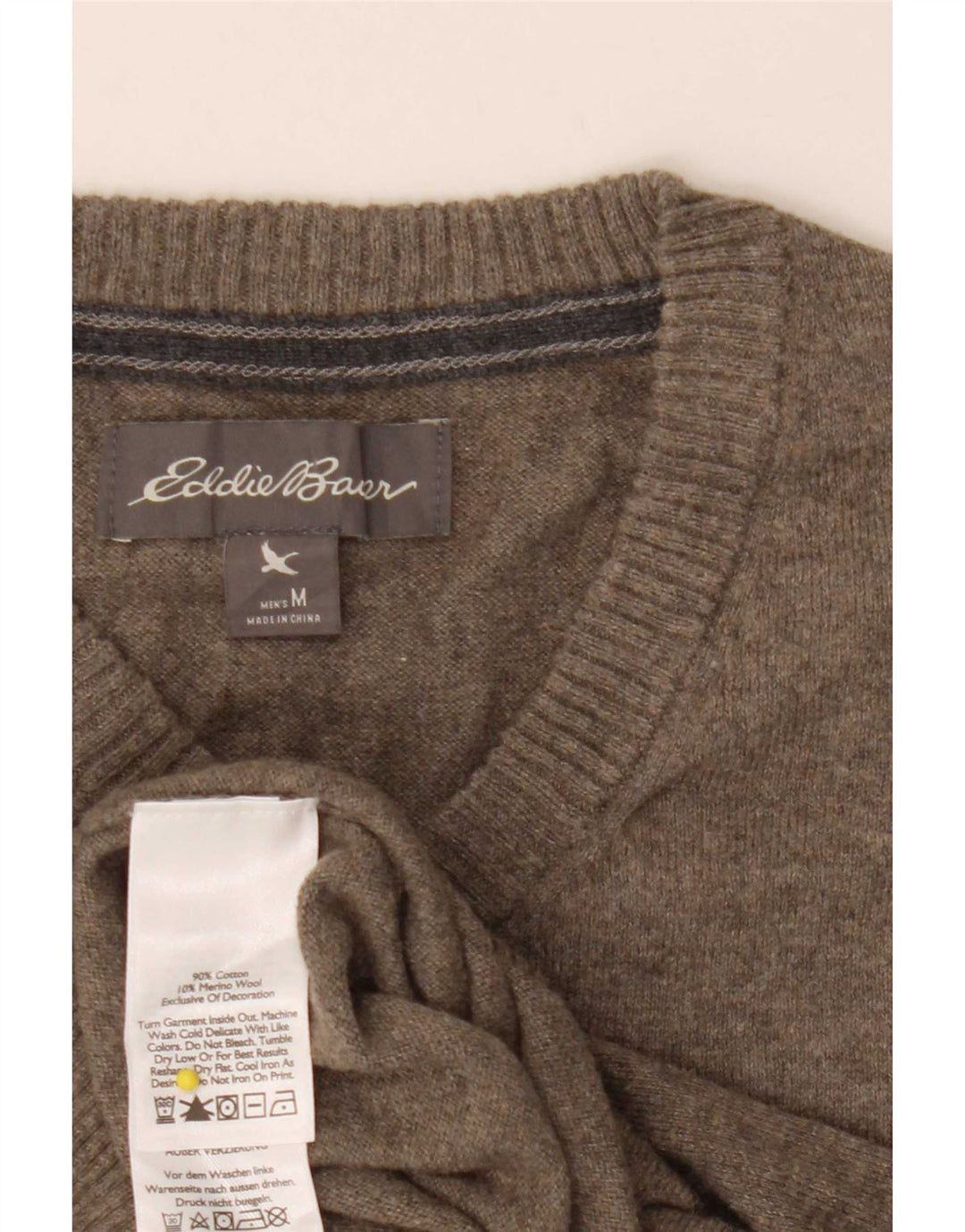 Eddie Bauer Mens V-Neck Jumper Sweater Medium Khaki Cotton