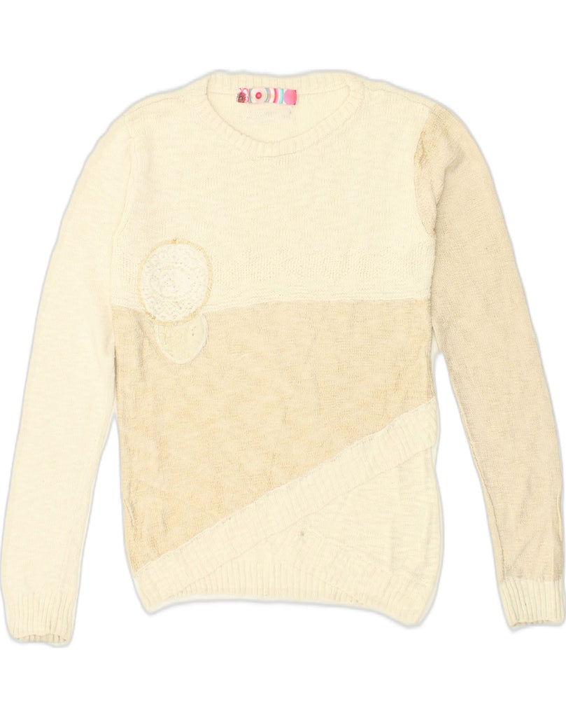 DESIGUAL Womens Crew Neck Jumper Sweater UK 10 Small Beige Colourblock | Vintage Desigual | Thrift | Second-Hand Desigual | Used Clothing | Messina Hembry 