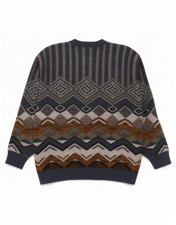 Vintage Mens Crew Neck Jumper Sweater Medium Blue Geometric