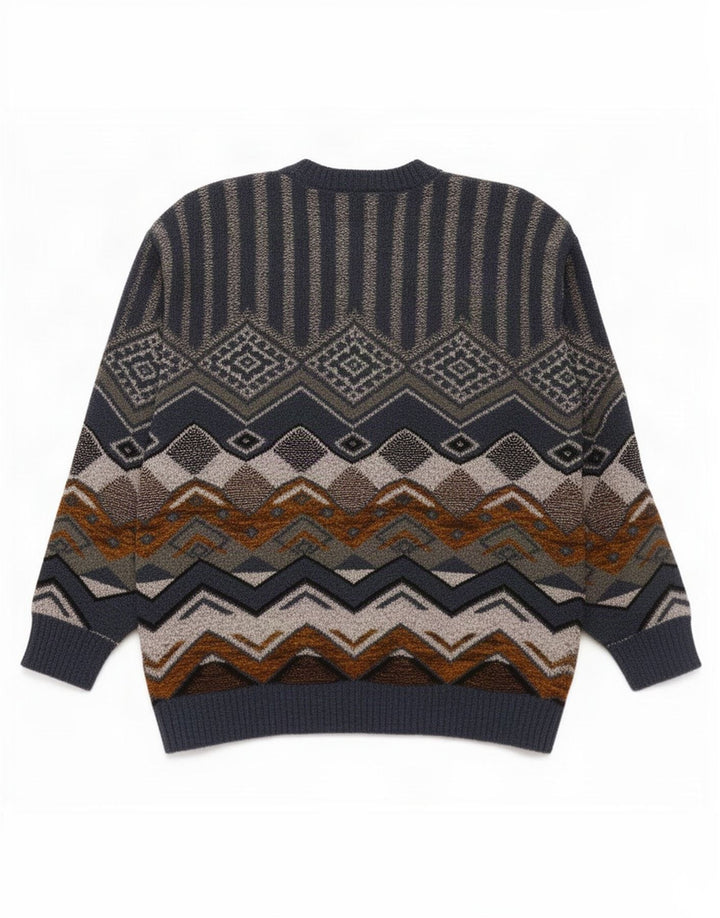 Vintage Mens Crew Neck Jumper Sweater Medium Blue Geometric