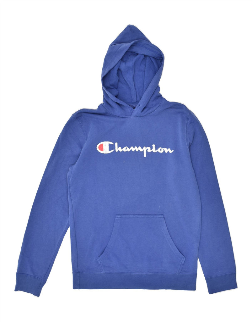 CHAMPION Mens Graphic Hoodie Jumper Medium Blue Cotton | Vintage Champion | Thrift | Second-Hand Champion | Used Clothing | Messina Hembry 