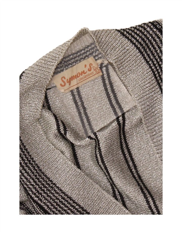 VINTAGE Womens V-Neck Jumper Sweater UK 12 Medium Grey Striped Synthetic