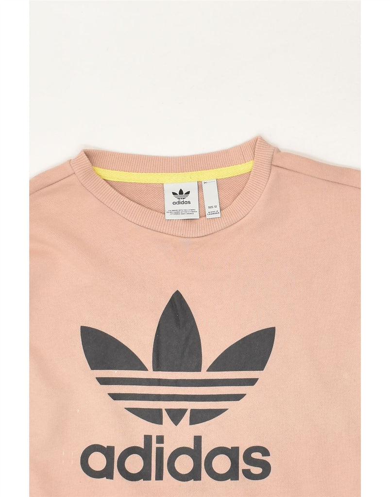 ADIDAS Womens Crop Graphic Sweatshirt Jumper UK 12 Medium Beige Cotton | Vintage Adidas | Thrift | Second-Hand Adidas | Used Clothing | Messina Hembry 