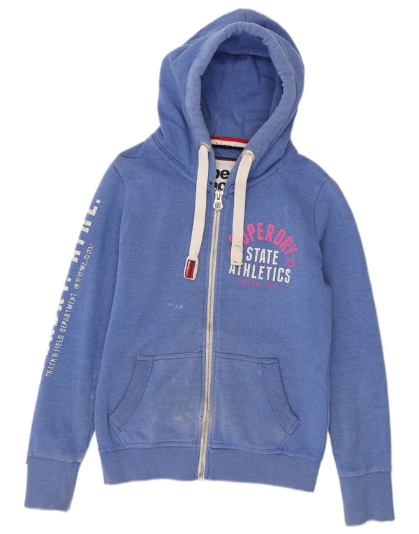 Superdry Womens Graphic Zip Hoodie Sweater UK 10 Small Blue Cotton