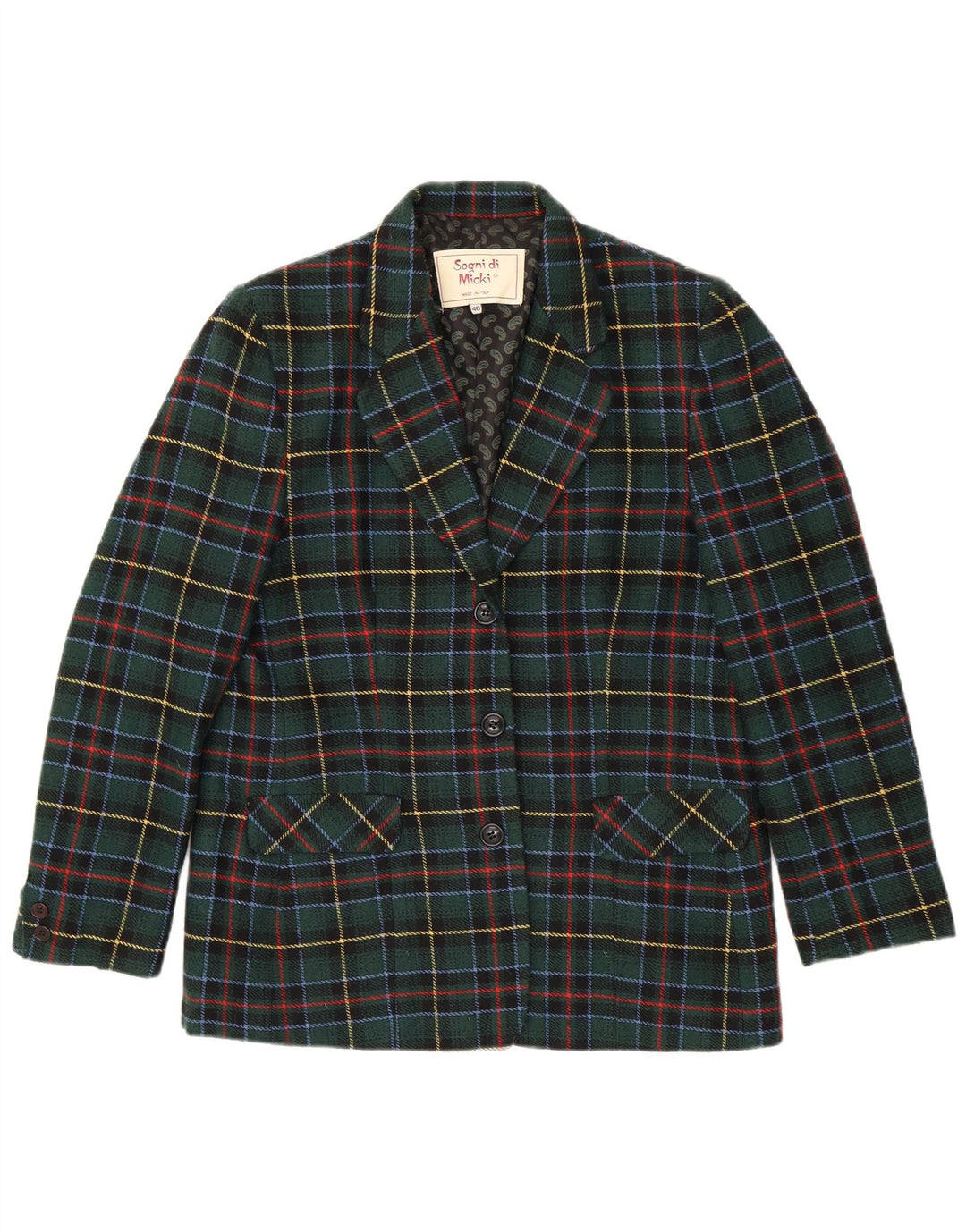 Vintage Womens 3 Button Blazer Jacket IT 48 XL Green Check Polyester
