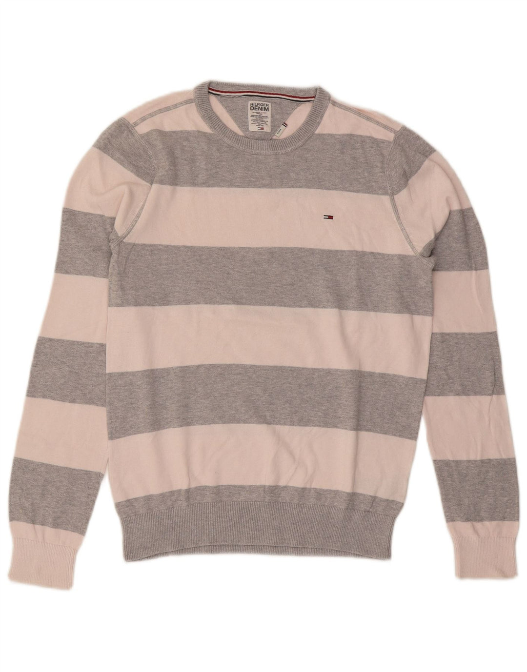 Tommy Hilfiger Mens Crew Neck Jumper Sweater Medium Grey Striped Cotton