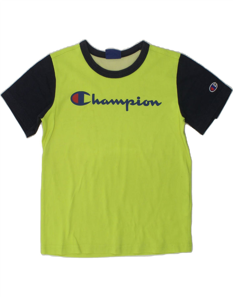 CHAMPION Boys Graphic T-Shirt Top 7-8 Years Small  Green Colourblock | Vintage Champion | Thrift | Second-Hand Champion | Used Clothing | Messina Hembry 