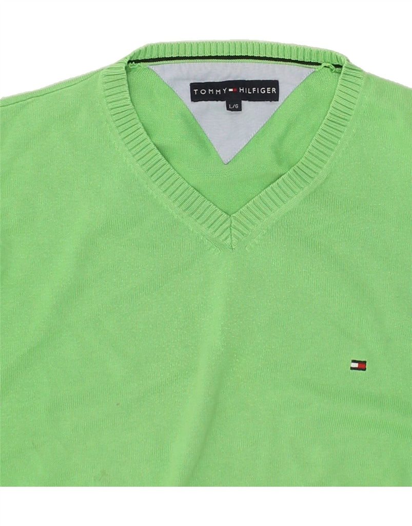 TOMMY HILFIGER Mens V-Neck Jumper Sweater Large Green Cotton | Vintage Tommy Hilfiger | Thrift | Second-Hand Tommy Hilfiger | Used Clothing | Messina Hembry 