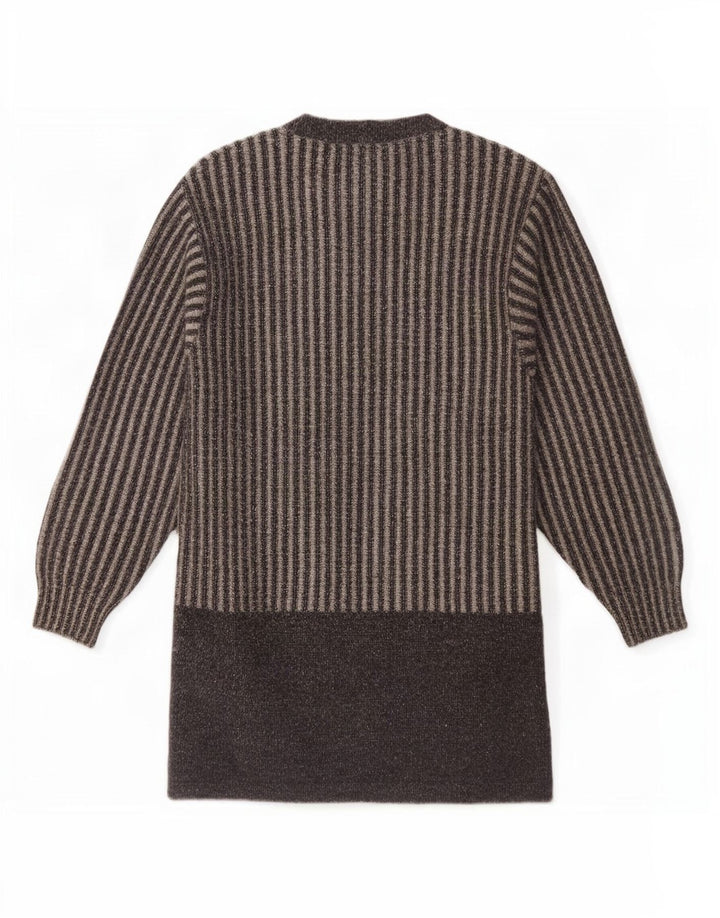 Vintage Womens Longline Cardigan Sweater UK 14 Medium Grey Striped Wool