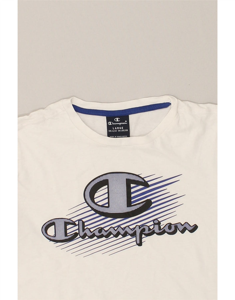 CHAMPION Boys Graphic Top Long Sleeve 11-12 Years Large White Cotton | Vintage Champion | Thrift | Second-Hand Champion | Used Clothing | Messina Hembry 