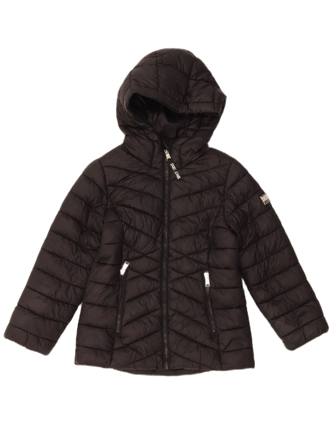 DKNY Girls Hooded Padded Jacket 7-8 Years Small Black Nylon