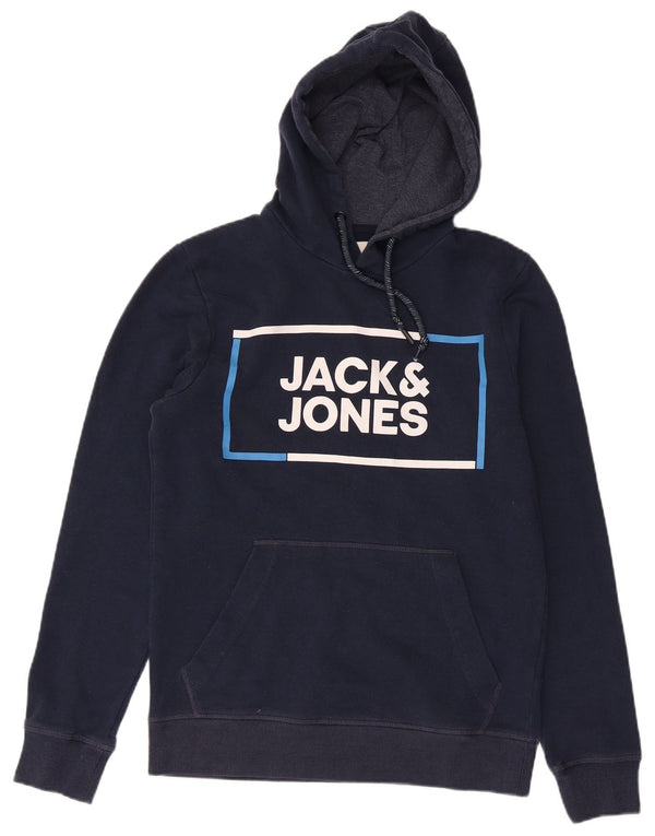 Jack & Jones Mens Graphic Hoodie Jumper Small Navy Blue Cotton