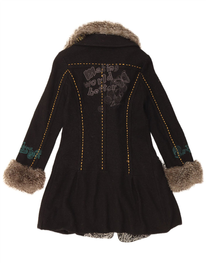 Desigual Womens Graphic Double Breasted Coat EU 36 Small Black Floral Wool