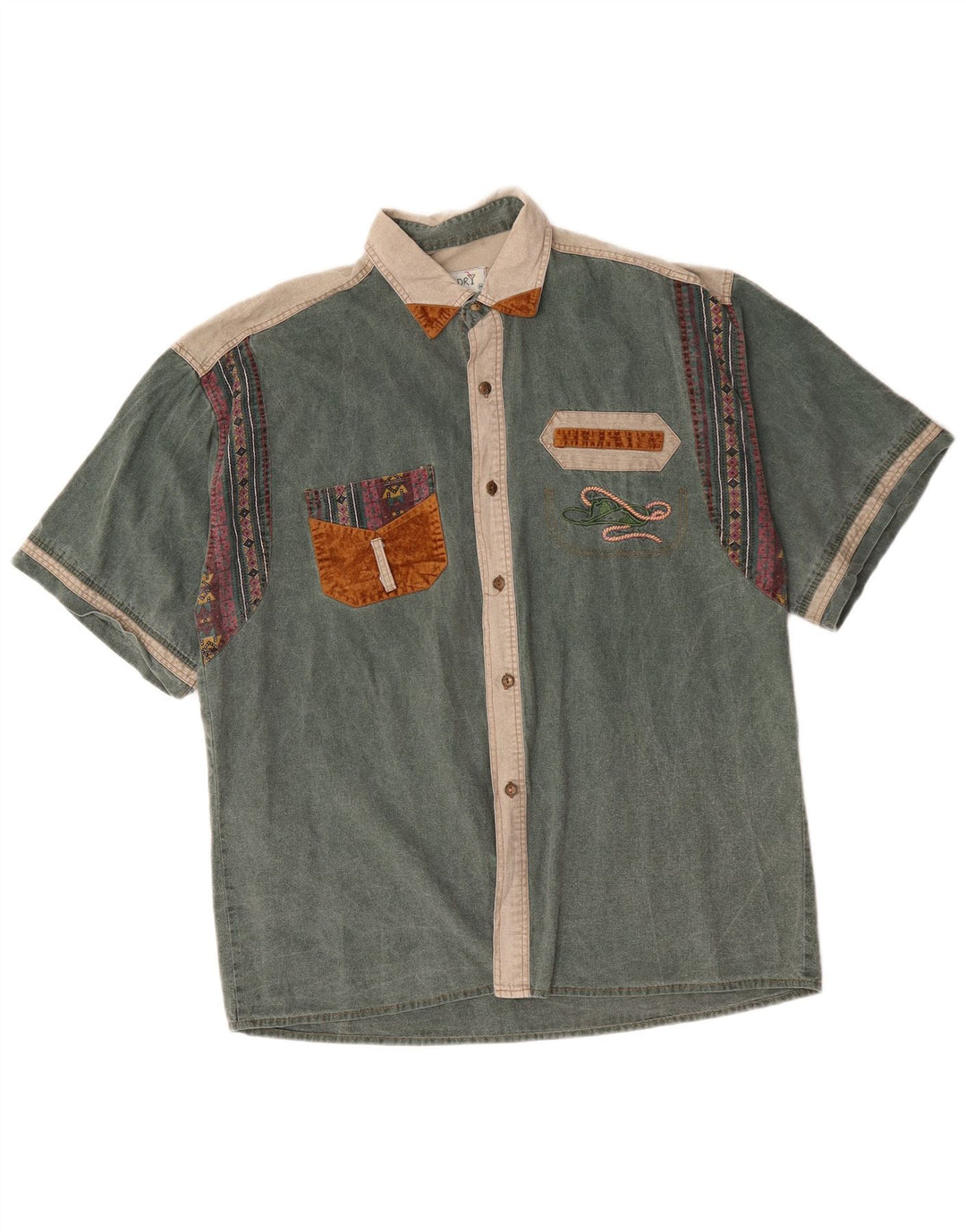 Martini Dry Mens Short Sleeve Shirt Medium Green Colourblock Cotton