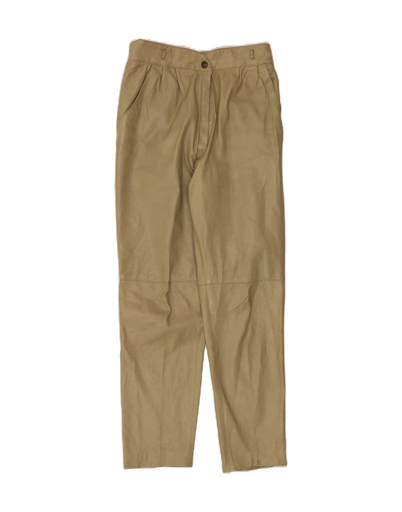 VINTAGE Womens Leather Casual Trousers IT 44 Medium W26 L27 Khaki Leather Vintage Vintage and Second-Hand Vintage from Messina Hembry 