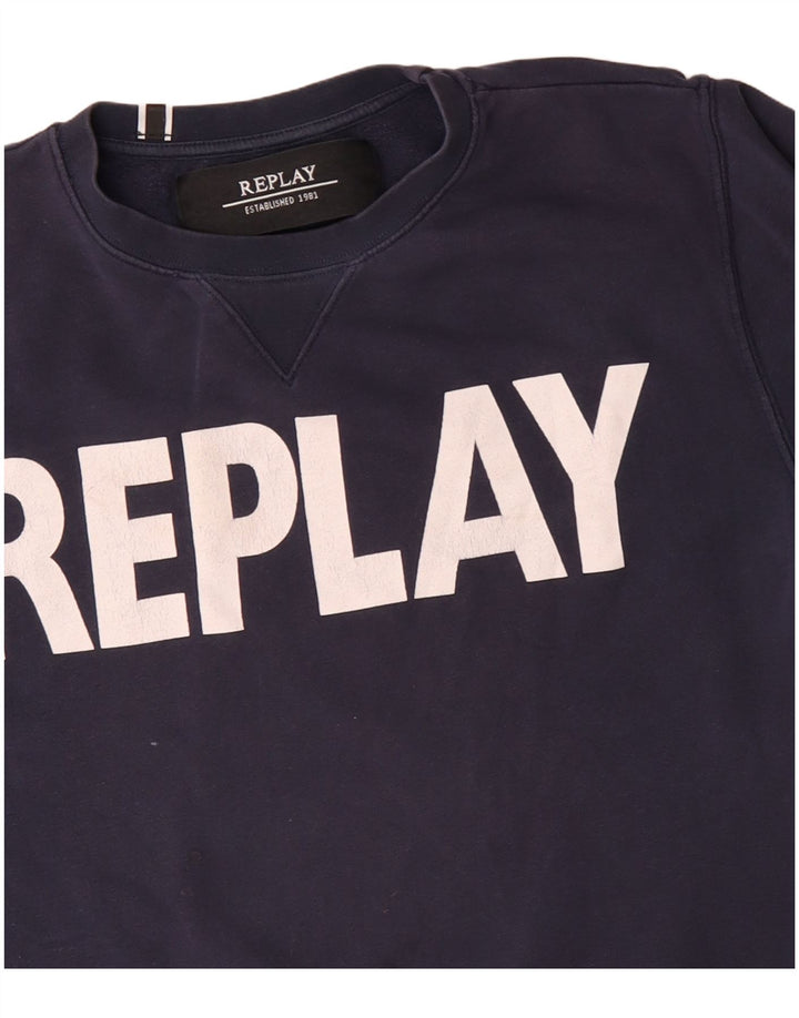Replay Mens Graphic Sweatshirt Jumper Medium Navy Blue Cotton