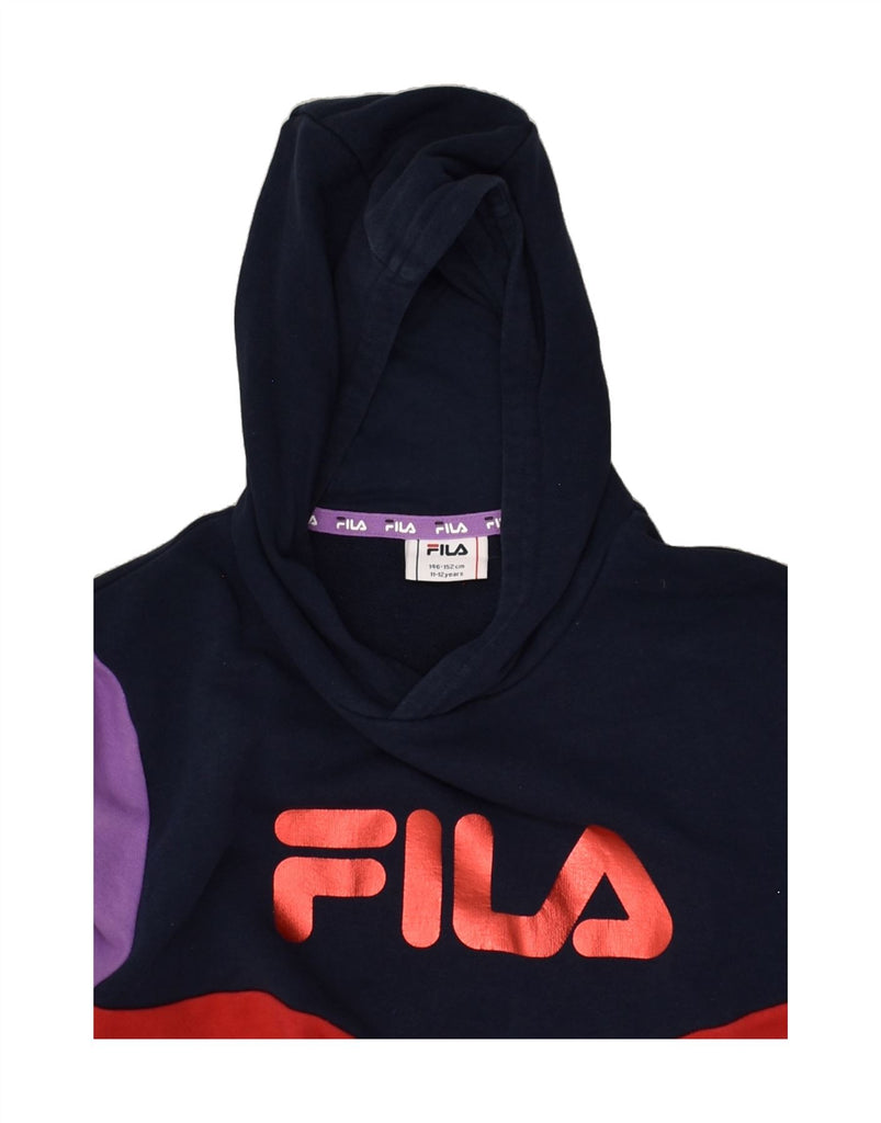 FILA Girls Graphic Hoodie Jumper 11-12 Years Purple Colourblock Cotton | Vintage Fila | Thrift | Second-Hand Fila | Used Clothing | Messina Hembry 