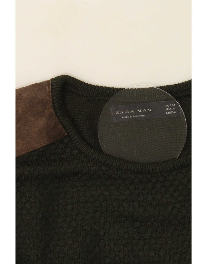 Zara Mens Crew Neck Jumper Sweater Medium Green Colourblock