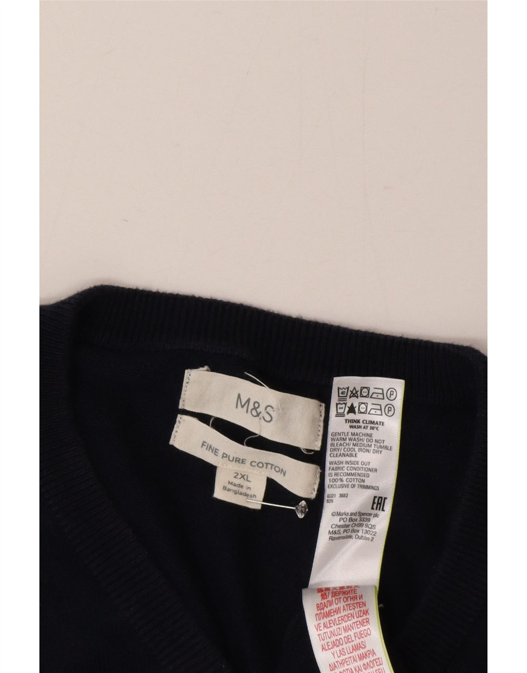 Marks & Spencer Mens V-Neck Jumper Sweater 2XL Navy Blue Cotton