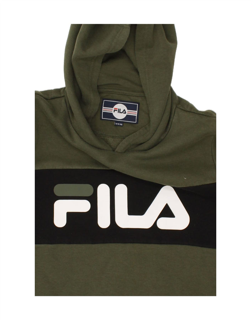 FILA Boys Graphic Hoodie Jumper 13-14 Years Green Colourblock Polyester | Vintage Fila | Thrift | Second-Hand Fila | Used Clothing | Messina Hembry 
