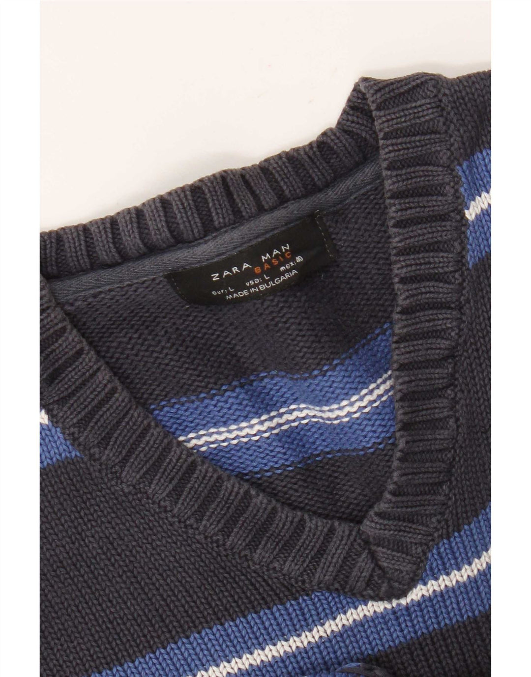 Zara Mens V-Neck Jumper Sweater Large Grey Striped