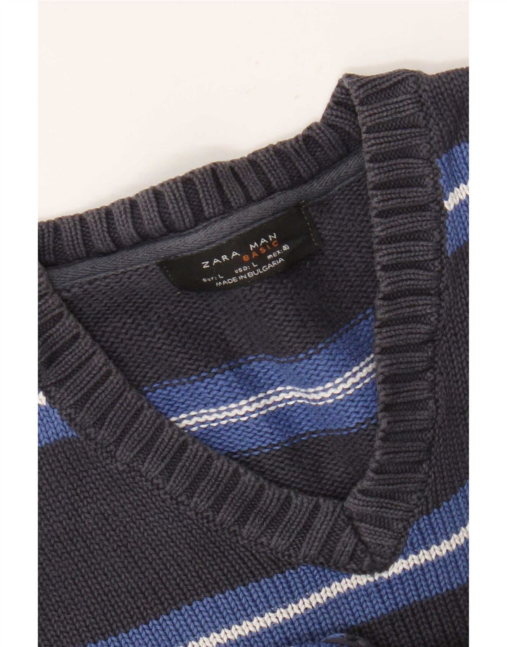 Zara Mens V-Neck Jumper Sweater Large Grey Striped