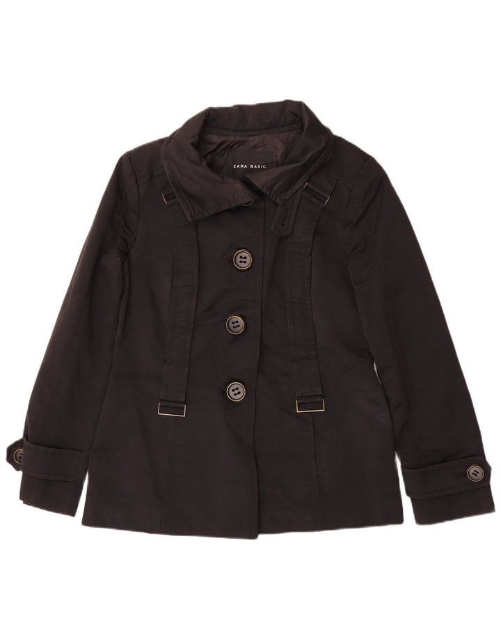 Zara Womens Short Trench Coat UK 14 Large Black Cotton