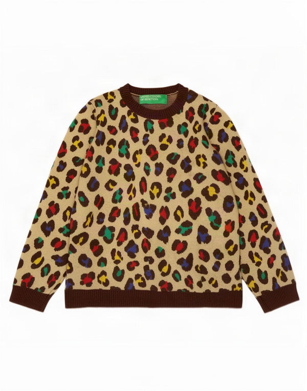 Benetton Womens Crew Neck Jumper Sweater UK 18 XL Beige Animal Print Cotton