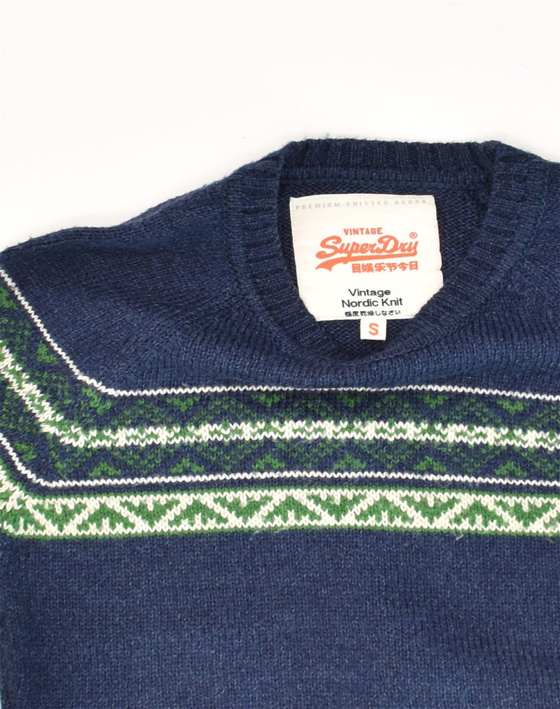 SUPERDRY Mens Crew Neck Jumper Sweater Small Navy Blue Fair Isle Acrylic | Vintage Superdry | Thrift | Second-Hand Superdry | Used Clothing | Messina Hembry 