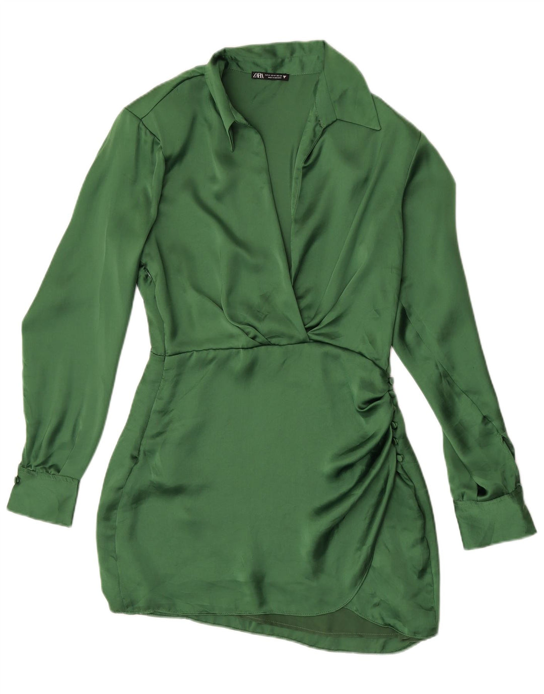 Zara Womens Long Sleeve Shirt Dress UK 12 Medium Green Polyester
