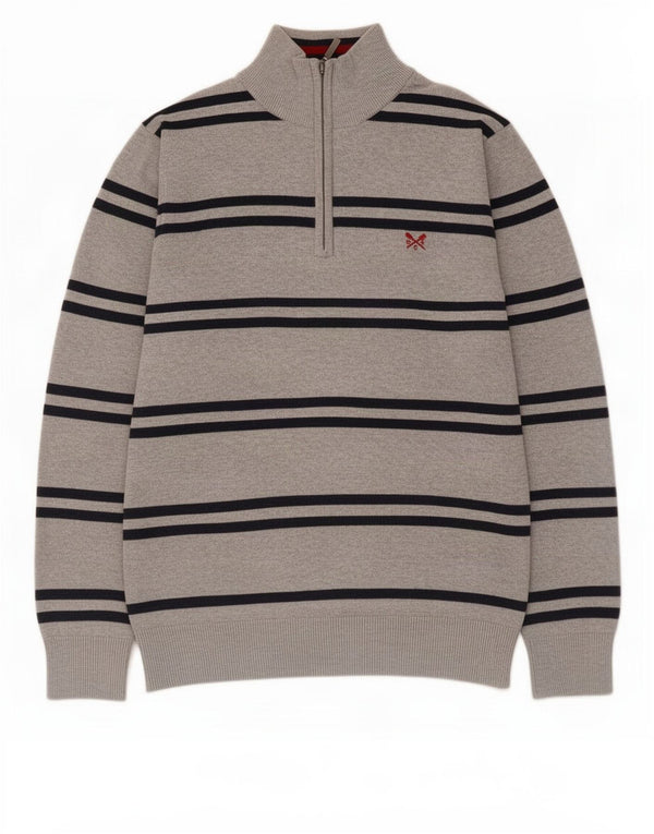 Crew Clothing Mens Zip Neck Jumper Sweater Small Grey Striped Cotton