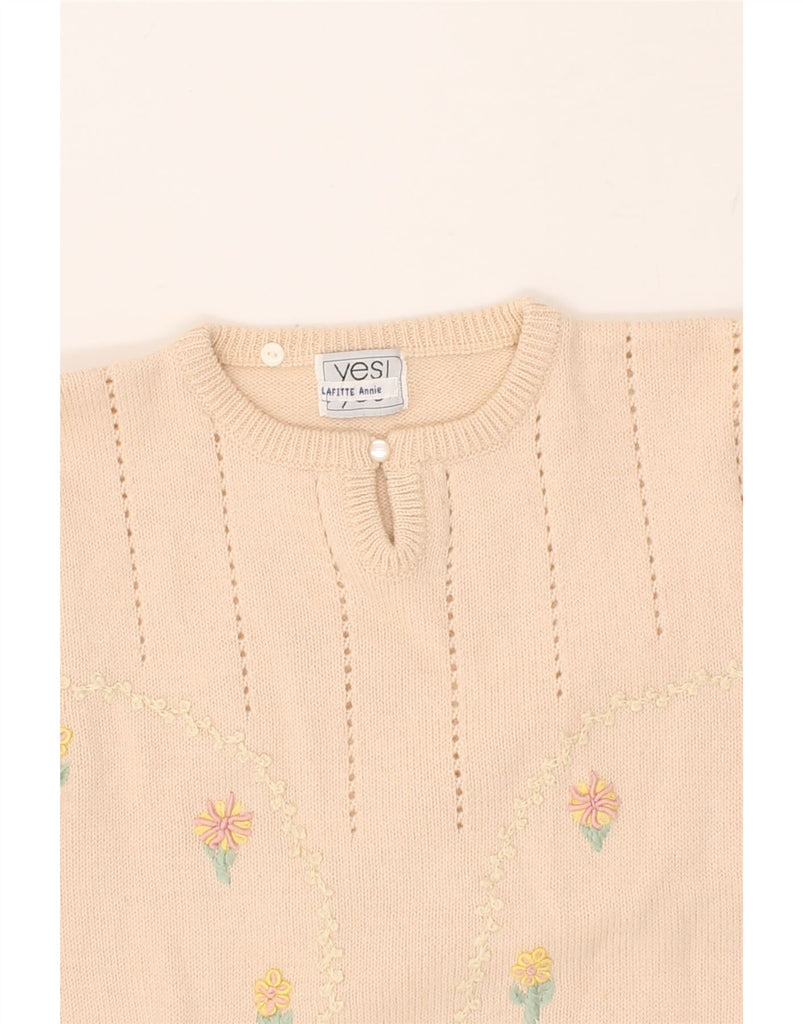 VINTAGE Womens Crew Neck Jumper Sweater UK 14 Large Beige Floral Acrylic | Vintage Vintage | Thrift | Second-Hand Vintage | Used Clothing | Messina Hembry 