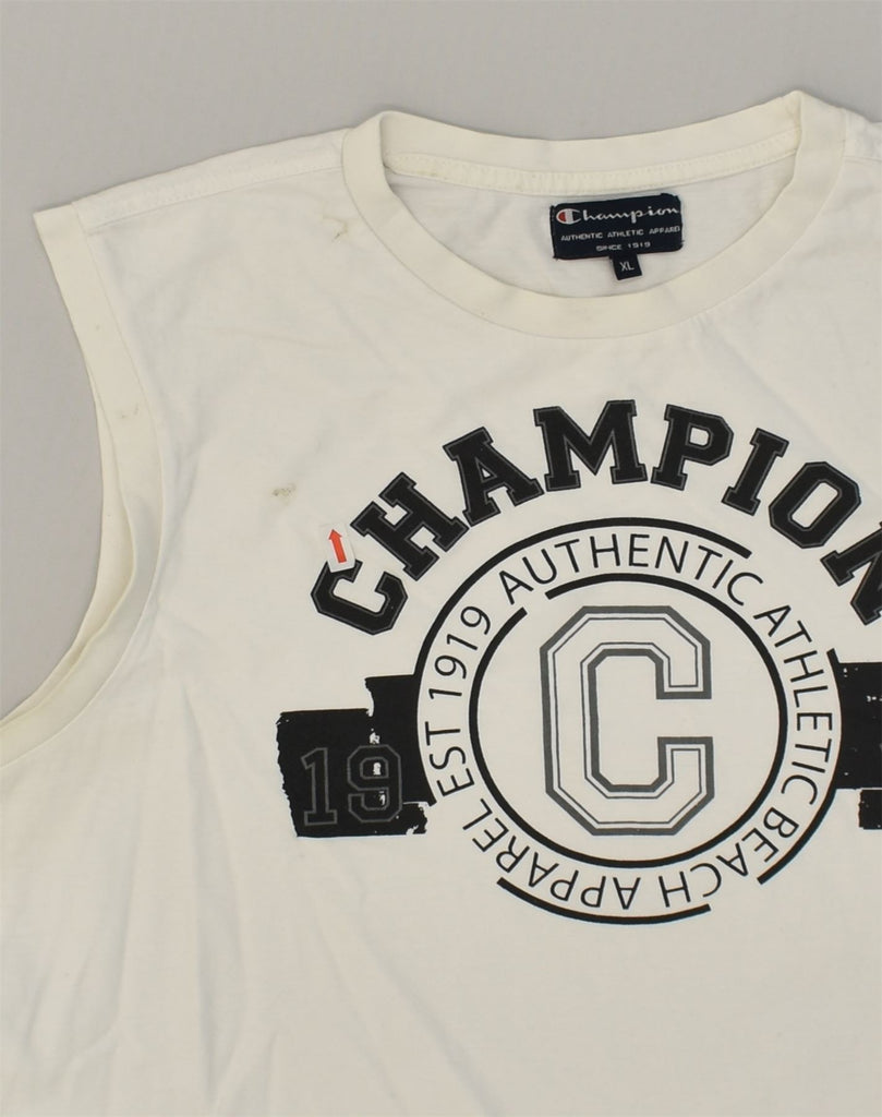 CHAMPION Mens Graphic Vest Top XL White Cotton | Vintage Champion | Thrift | Second-Hand Champion | Used Clothing | Messina Hembry 