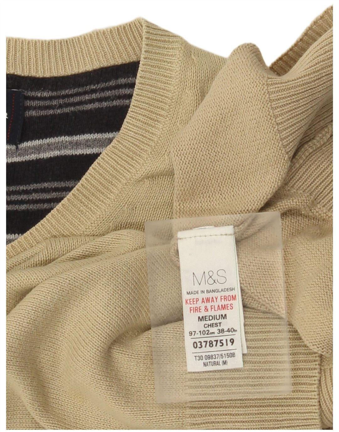 Marks & Spencer Mens Blue Harbour V-Neck Jumper Sweater Medium Beige Cotton