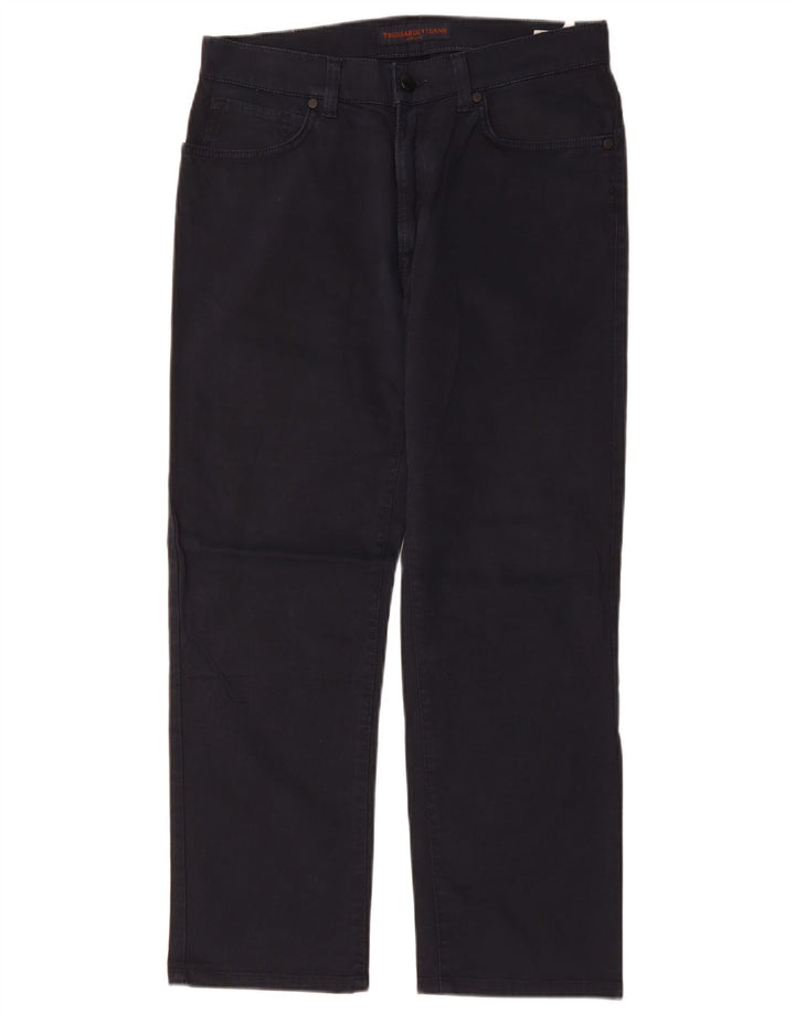 Trussardi Mens Straight Casual Trousers W33 L27 Navy Blue Polyester