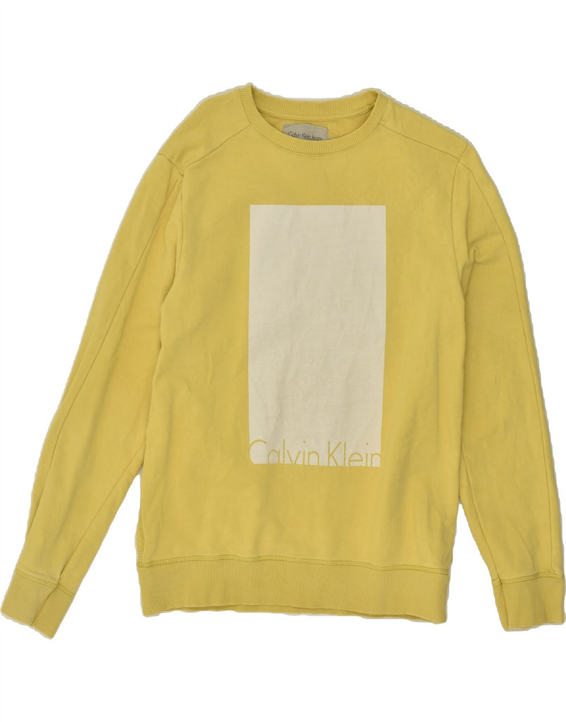 CALVIN KLEIN JEANS Womens Graphic Sweatshirt Jumper UK 16 Large Yellow | Vintage Calvin Klein Jeans | Thrift | Second-Hand Calvin Klein Jeans | Used Clothing | Messina Hembry 