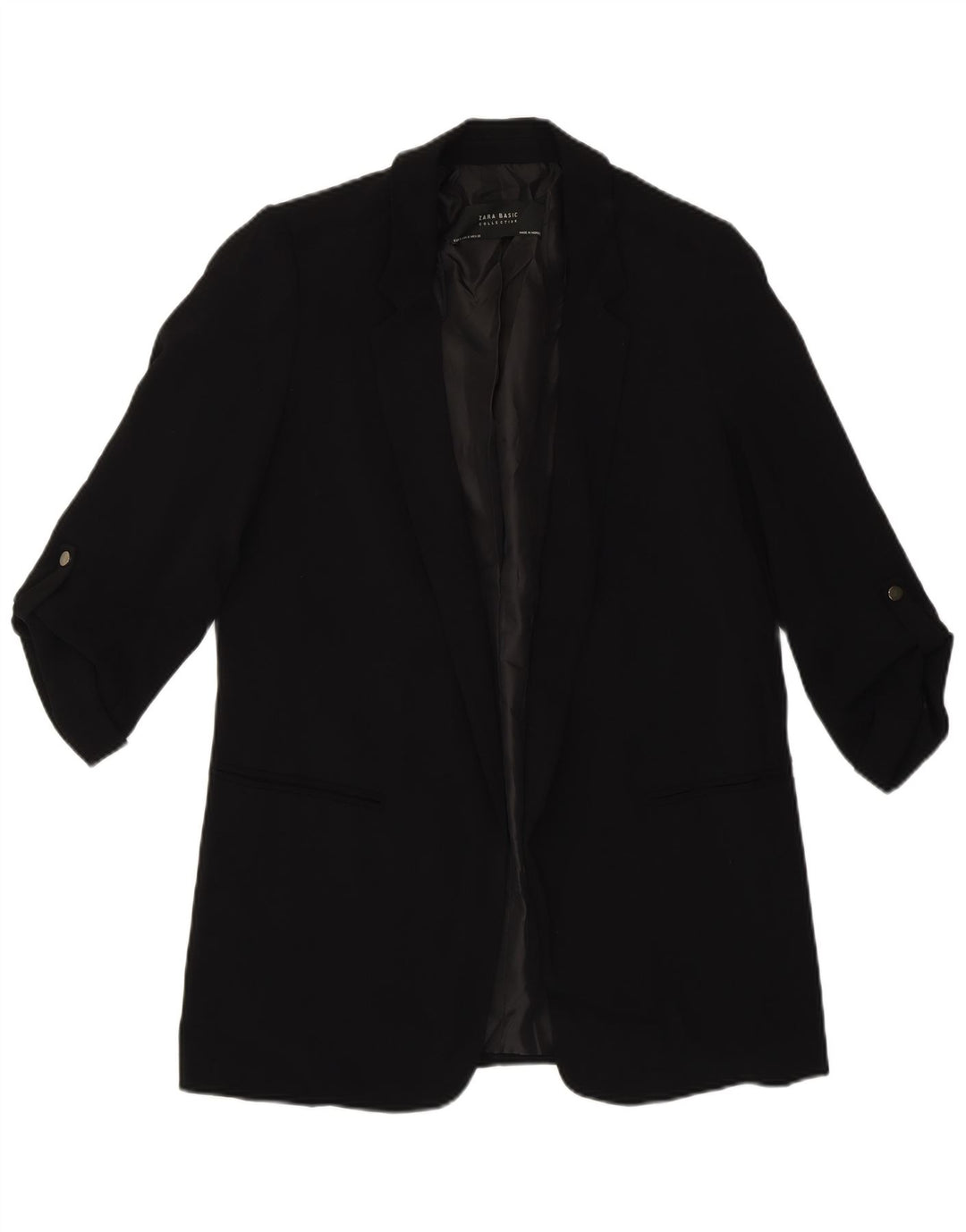 Zara Womens 3/4 Sleeve Open Blazer Jacket UK 10 Small Black Polyester